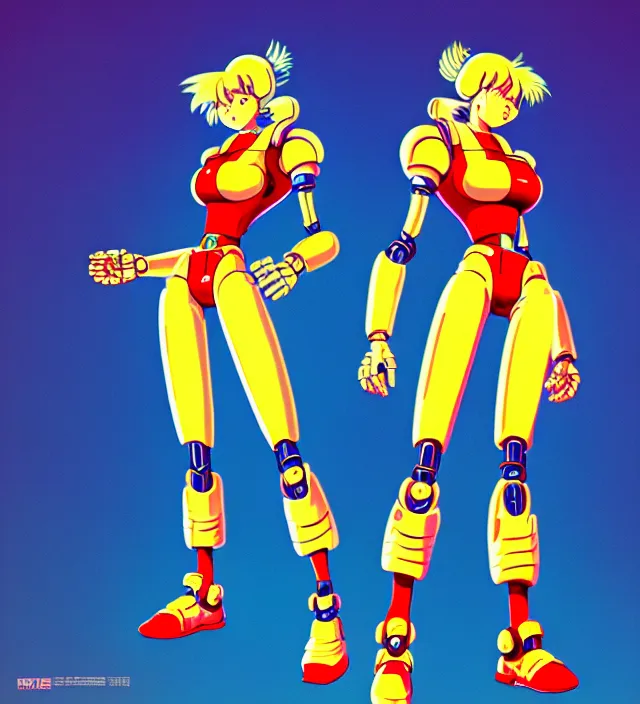 Image similar to retrowave robot girl protagonist, animation character design by akira toriyama, don bluth, jack kirby, action - adventure, sharp detail, artstation trending, conceptart. com