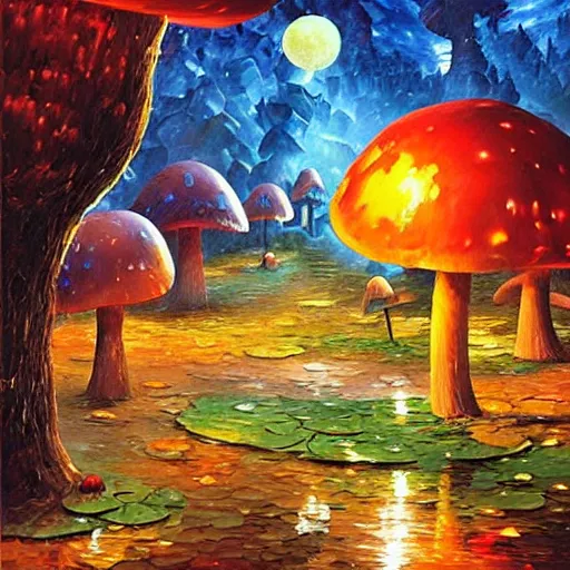 Image similar to glowing mushroom village, art by james christensen, rob gonsalves, paul lehr, leonid afremov and tim white