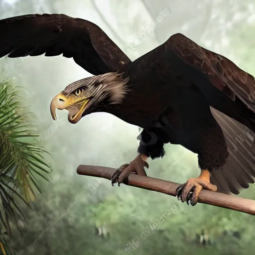 Image similar to eagle morphed with tyrannosaurus, real photo taken in zoo, realistic proportions,