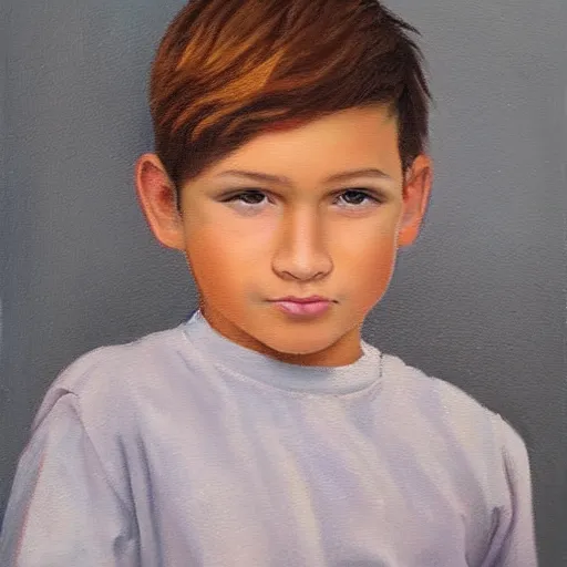 Image similar to beautiful oil painting of a boy with short side part light brown hair and brown eyes