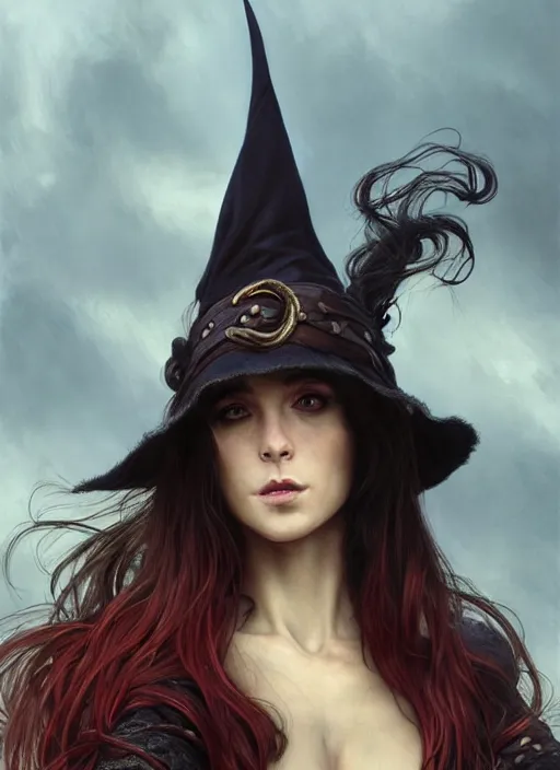 Image similar to vertical portrait of a ruggedly handsome female witch that screams she wants to live, soft hair, close - up face, leather, witchy, d & d, fantasy, intricate, elegant, highly detailed, digital painting, artstation, concept art, smooth, sharp focus, illustration, art by artgerm and greg rutkowski and alphonse mucha, plain red background