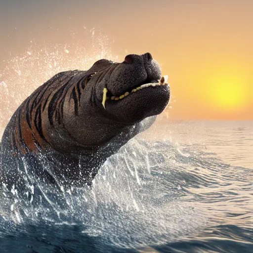 Image similar to a closeup photorealistic photograph of a cute smiling knitted tiger hippopotamus splashing after beachballs during sunset. surf in background. professional capture. this 4 k hd image is trending on artstation, featured on behance, well - rendered, extra crisp, features intricate detail, epic composition and the style of unreal engine.