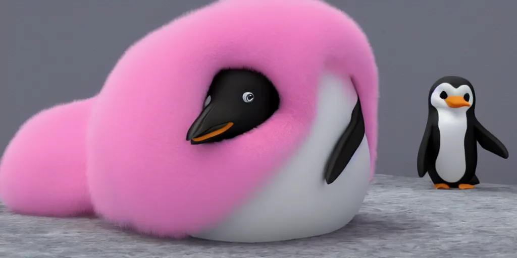 Image similar to cute realistic penguin sitting in an pink fluffy bed, unreal 5