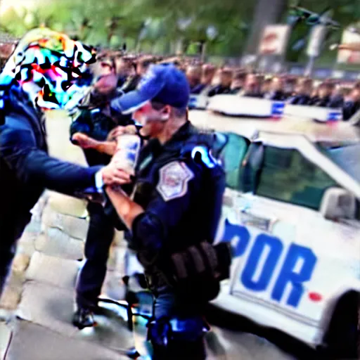 Image similar to donald trump handing a can of pepsi to a police officer during a riot