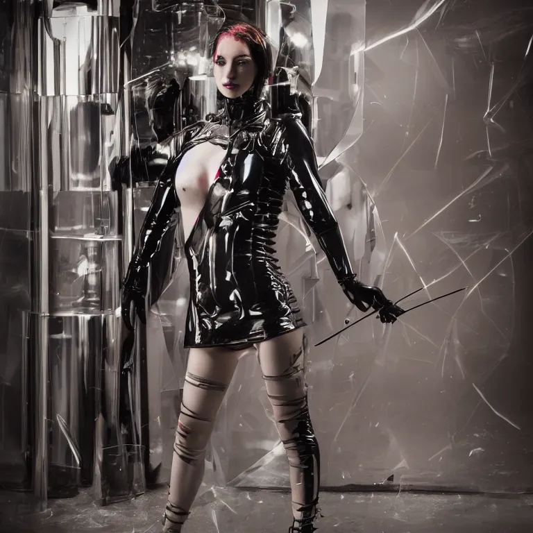 Prompt: cyberpunk girl in latex wear, standing in glass, using an armor, 35mm lens