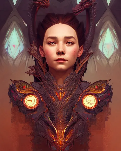 Image similar to symmetry!! portrait of a dragon in the style of horizon zero dawn, machine face, intricate, elegant, highly detailed, digital painting, artstation, concept art, smooth, sharp focus, illustration, art by artgerm and greg rutkowski and alphonse mucha, 8 k