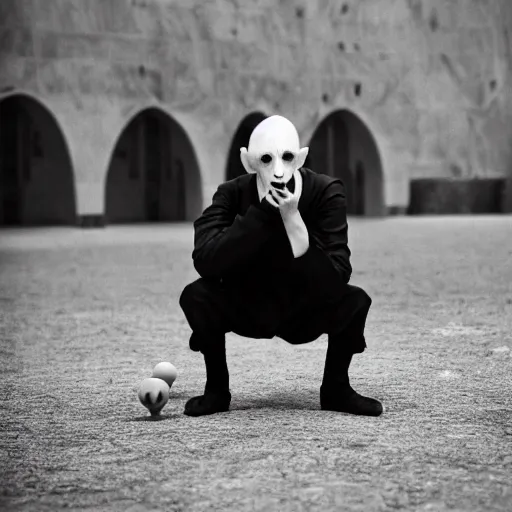 Image similar to portrait of nosferatu is playing petanque, realistic photography