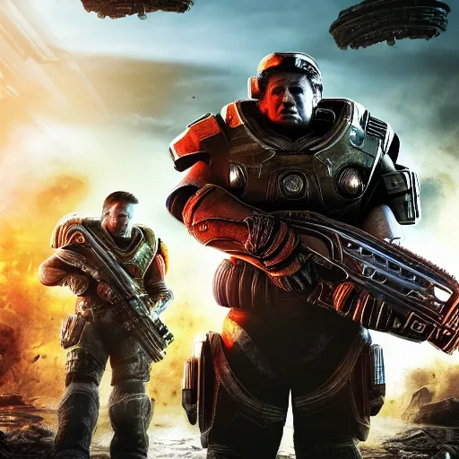 Prompt: Donald Trump as Masterchief in gears of war, splash art, movie still, detailed face, photorealistic facial features, cinematic lighting, dramatic, octane render, long lens, shallow depth of field, bokeh, anamorphic lens flare, 8k, hyper detailed, 35mm film grain