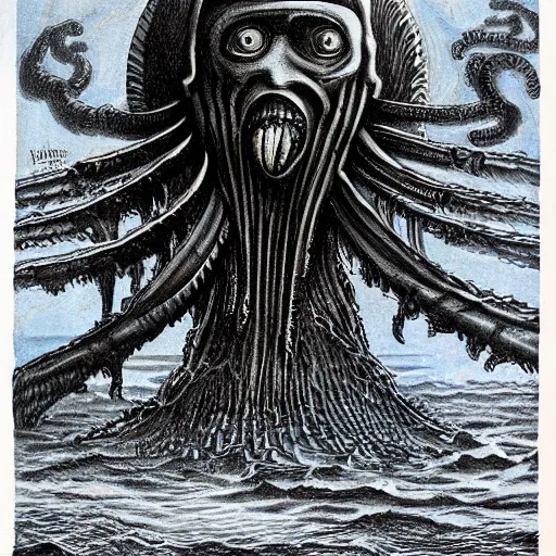 Prompt: a gigantic cyclope emerging from under the ocean drawn by giger