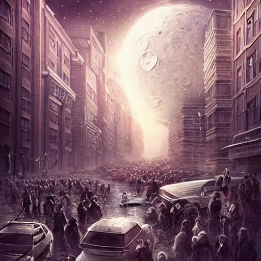 Prompt: It’s crowded on the streets of Russian commie blocks on the Moon city, Norilsk, sci-fi, fantasy, earth seen on the dark sky, intricate, very very beautiful, elegant, highly detailed composition, digital rendering, artstation, concept art, smooth, sharp focus, illustration, art by artgerm and greg rutkowski and alphonse mucha