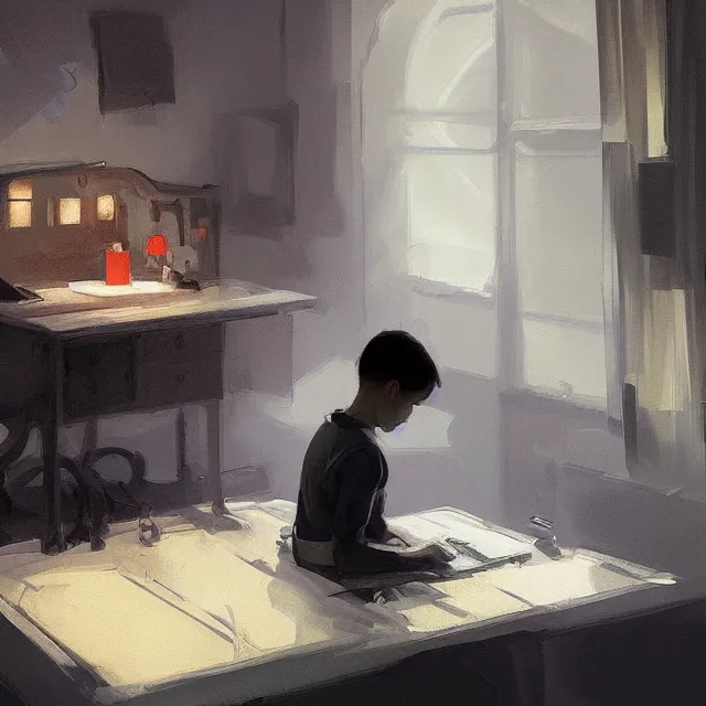 Prompt: boy on computer dark room, elegant, intricate, digital painting, artstation, concept art, smooth, sharp focus, illustration, art by konstantin korovin and daniel f. gerhartz and john howe