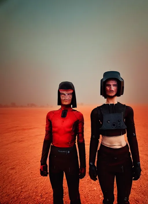 Prompt: cinestill 5 0 d candid photographic portrait by steve mccurry of two loving female androids wearing rugged black mesh techwear on a desolate plain with a red sky, extreme closeup, modern cyberpunk, dust storm, 8 k, hd, high resolution, 3 5 mm, f / 3 2, ultra realistic faces, ex machina