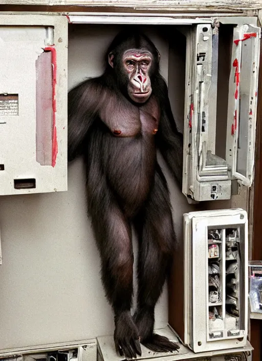 Image similar to scary hybrid human - ape, half human half ape inside fuse box in post communist apartment building