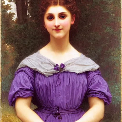 Image similar to An anthropomorphic fox maiden in a purple dress, cottagecore, by bouguereau