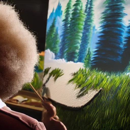 Image similar to a closeup photorealistic photograph of bob ross working on a canvas painting of cookie monster. film still. brightly lit scene. mountains and trees. this 4 k hd image is trending on artstation, featured on behance, well - rendered, extra crisp, features intricate detail, epic composition and the style of unreal engine.