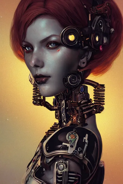 Image similar to portrait of beautiful young gothic cyborg maiden. cyberpunk, Warhammer, highly detailed, artstation, illustration, art by Ilya Kuvshinov and Gustav Klimt