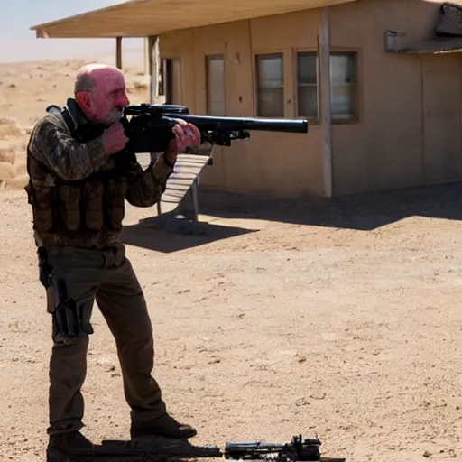 Image similar to Film still of Mike Ehrmantraut in American Sniper aiming with a sniper rifle, 4k, highly detailed