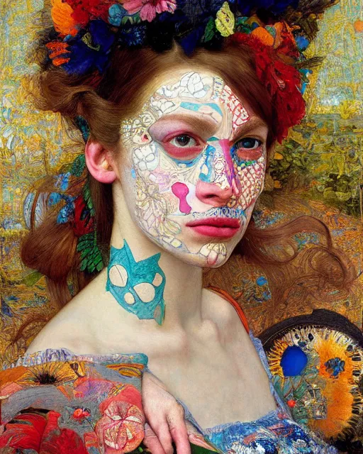 Image similar to a beautiful girl wearing colourful face paint surrounded by bright intricate patterns, by edgar maxence and caravaggio and michael whelan, intricate painting, hyper realistic, extremely detailed and beautiful aesthetic face, 8 k resolution