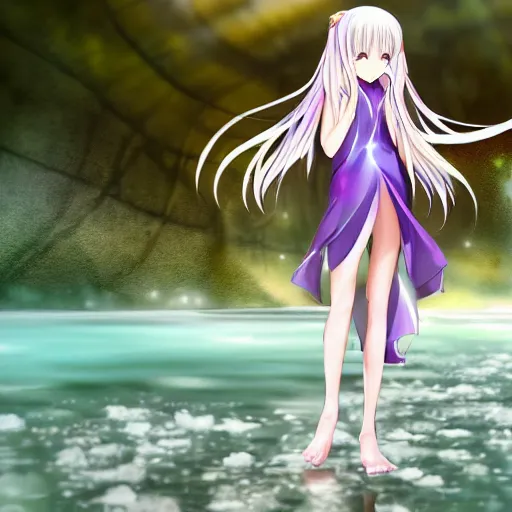 Image similar to advanced digital anime art, WLOP , a gorgeous high school girl with long gold and silver hair wearing a violet dress and bare feet walking through a crystal clear river, DOF, Gaussian Blur,