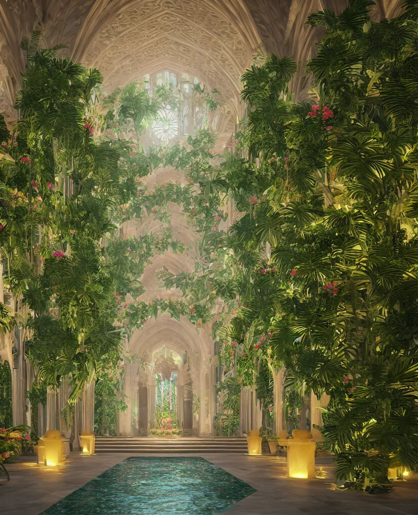 Prompt: grand cathedral interior with koi pond in the middle surrounded by palm trees, ivy, flowers, tropical plants, roses, and with archways, rendered in octane render with photorealistic cinematic volumetric lighting, cinematic, centered, horizontal symmetry