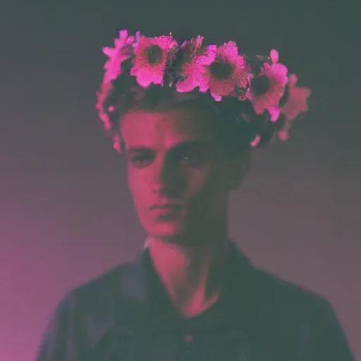 Image similar to close up kodak portra 4 0 0 photograph of a futuristic soldier after the battle standing in dark forestin crowd, flower crown, moody lighting, telephoto, 9 0 s vibe, blurry background, vaporwave colors, faded