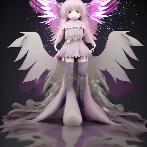 Image similar to cute fumo plush of a divine angel, gothic maiden, ribbons and flowers, ruffled wings, feathers raining, particle simulation, clouds, vray, outline glow lens flare, divine wrath of the fiery retribution