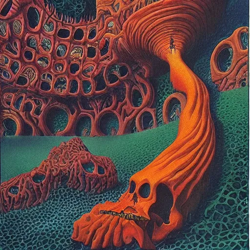 Image similar to new visions of hell, very detailed and colorful, by August Mobius, by Roger Dean, by M.C. Escher, beautiful, eerie, surreal, psychedelic