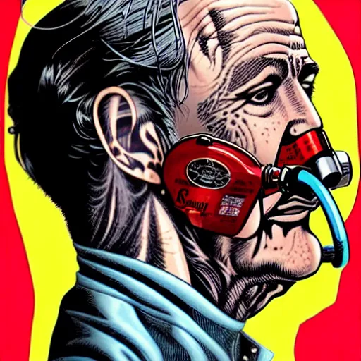 Image similar to a profile photo of an old man with a diving oxygen mask with side profile blood in ocean intricate details by MARVEL comics and Sandra Chevrier-C