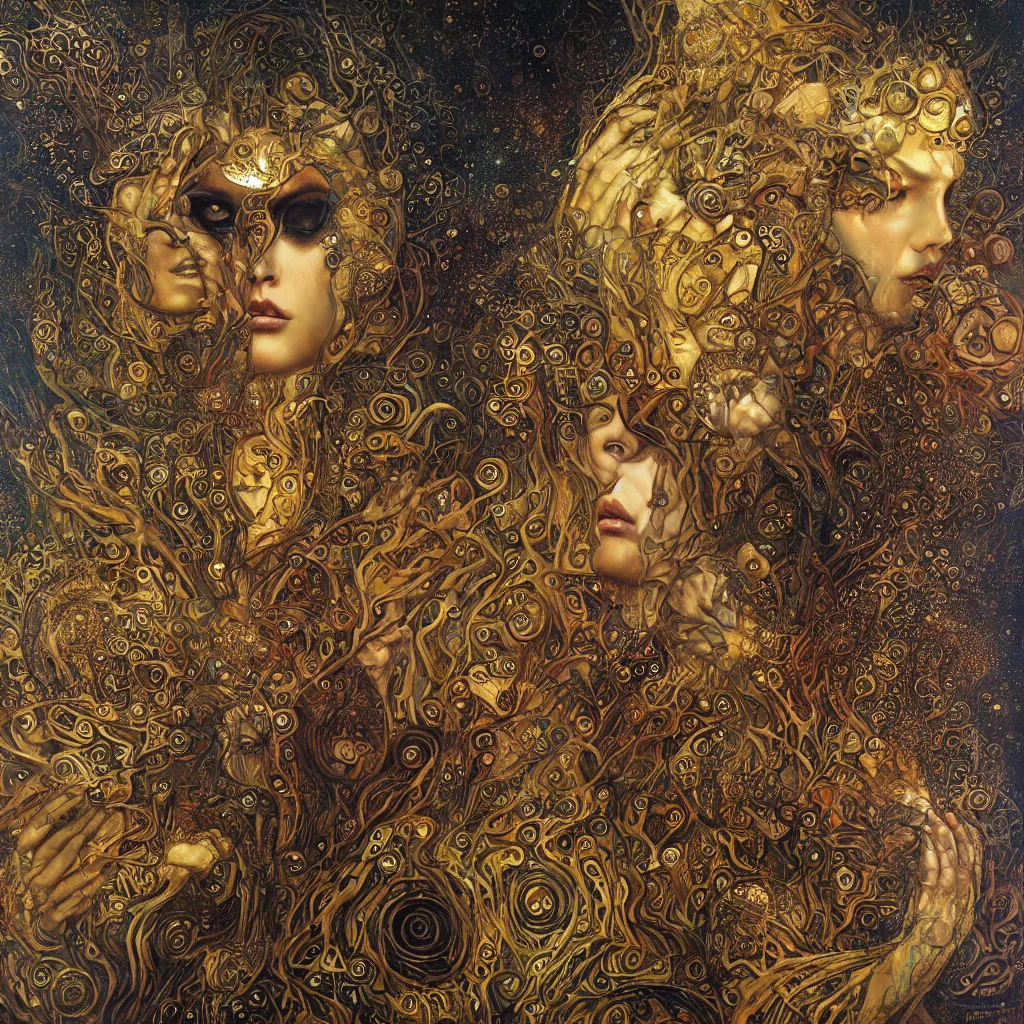 Prompt: Divine Chaos Engine by Karol Bak, Jean Deville, Gustav Klimt, and Alex Gray, sacred geometry, fractal structures