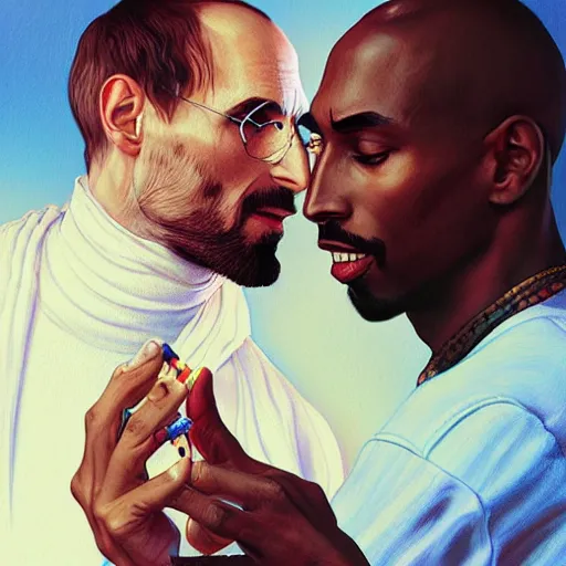Image similar to Portrait of steve jobs and tupac smoking pot in heaven, intricate, highly detailed, digital painting, artstation, concept art, smooth, art by artgerm and greg rutkowski and alphonse mucha