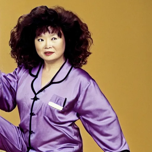 Prompt: A still from a 1980s sitcom of a plump middle-aged Chinese woman with perm coils in her hair wearing pyjamas