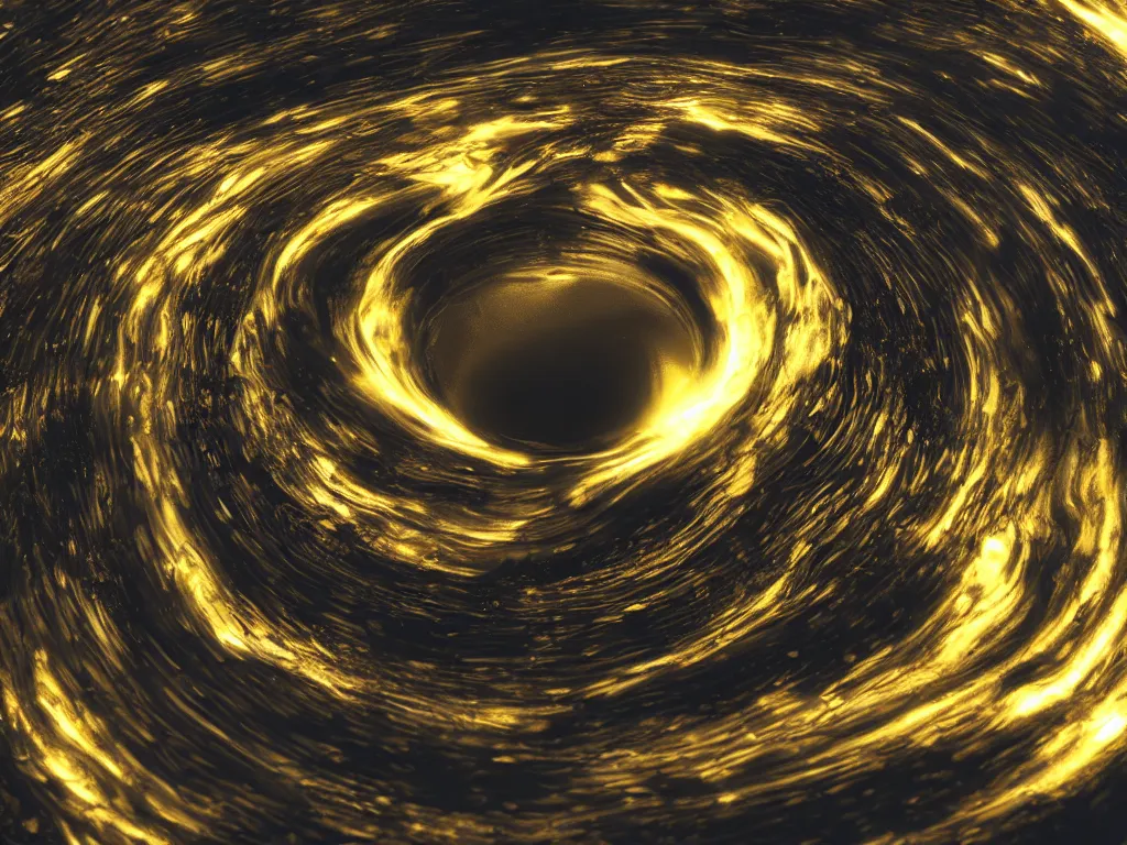 Image similar to fluid gold swirling into a black whole, wide angle perspective, 8 k, unreal engine 5, 3 d animation, big depth of field
