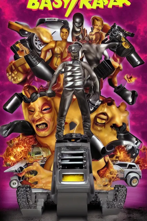 Prompt: a commercial for hasbro easy - bake oven in the style of the cover to twisted metal : black ( 2 0 0 1 ) and the cover of manhunt ( 2 0 0 3 )