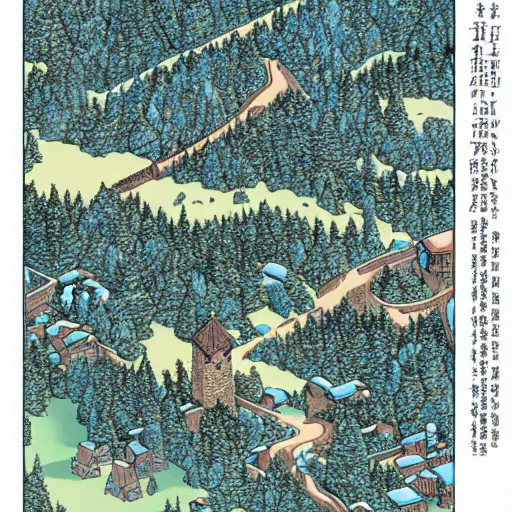 Image similar to An isometric overhead view of a narrow valley, winter time, dark pine trees, a small village, a tall castle guarding one end of the valley, fantasy style, D&D sourcebook, art by Moebius, hyper detailed, high quality