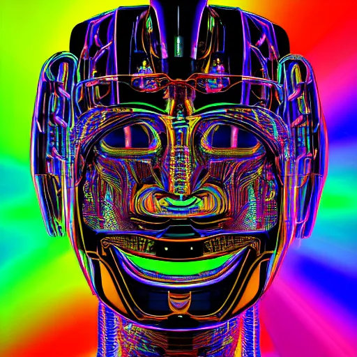 Image similar to hyperdetailed portrait of a futuristic trippy smiling robot head, 8 k, symetrical, flourescent colors, halluzinogenic, multicolored tshirt art, hajime sorayma, black background