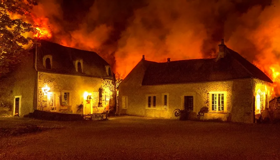 Image similar to mini dv still of a heavy burning french style little house by night in autumn, in a small northern french village, by sony mini dv camera, heavy grain, low quality, high detail, dramatic light, anamorphic, flares