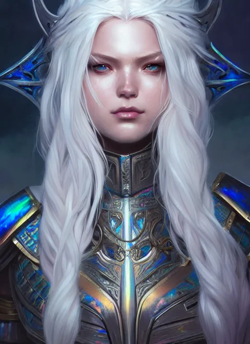 Image similar to light iridescent armor!!! long wild white hair!! covered chest!!! fantasy, d & d, intricate ornate details, digital painting, pretty face!!, symmetry, concept art, sharp focus, illustration, art by artgerm! greg rutkowski magali villeneuve wlop! ilya kuvshinov!!, octane render