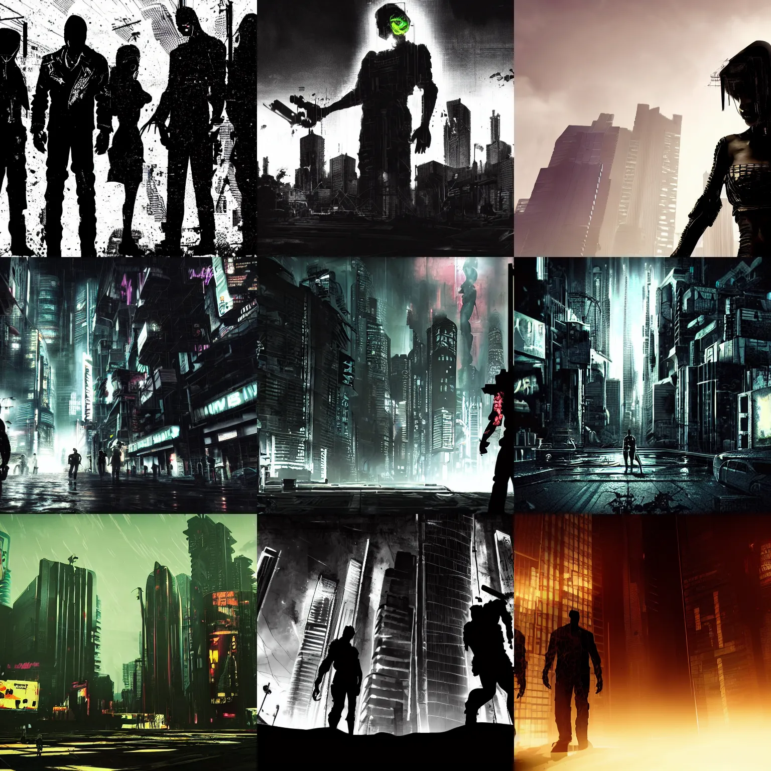 Prompt: cyberpunk dead city silhouettes dark dying dramatic shadows