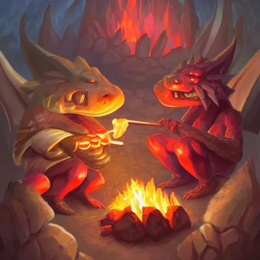 Image similar to two draconic kobolds sitting around cooking fire in a craggy cavern, roasting a chunk of meat over the fire, cute style, dungeons & dragons, artwork by Artgerm, trending on artstation