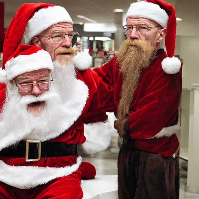 Image similar to walter white dressed as santa in a mall,