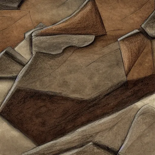 Image similar to masterpiece abstract high detailed intricate painting of many - layered angled rocky field along a three - quarters landscape surface of squared shapes. sloping thin pencil rough sketch lines provide a sense of movement. dramatic use of light to create a sense of a stony surface. using engineering techniques and a rich dark earthy color palette, providing a physical mathematical feel.