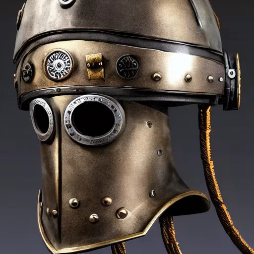 Prompt: steampunk knight's helmet with guns on the hyperrealistic, hyperdetailed, chaykin howard and campionpascale and cooke darwyn and davis
