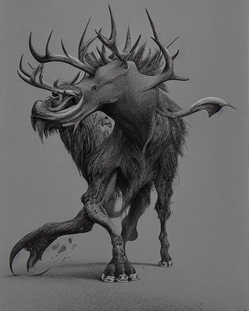 Image similar to a creature with the body and eyes of a man, with the beak of an eagle, the mane of a lion, and the antlers of a bull. drawn by moebius and zdzislaw beksinski