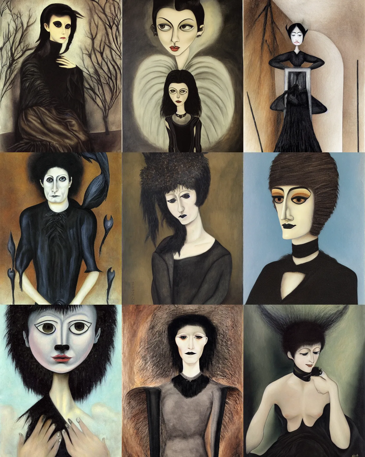 Prompt: A goth portrait painted by Remedios Varo. Her hair is dark brown and cut into a short, messy pixie cut. She has a slightly rounded face, with a pointed chin, large entirely-black eyes, and a small nose. She is wearing a black tank top, a black leather jacket, a black knee-length skirt, a black choker, and black leather boots.