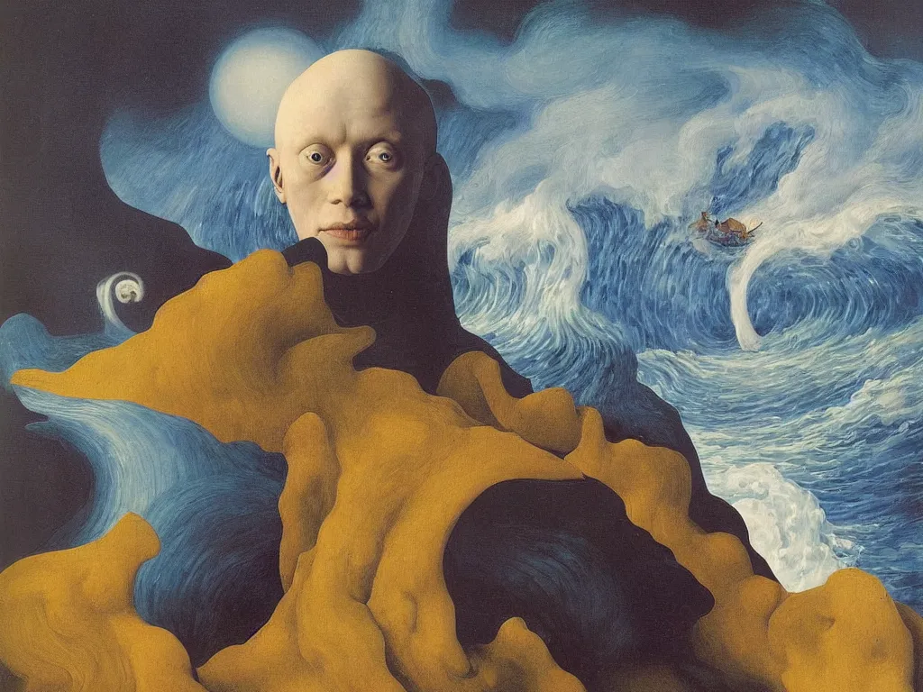 Image similar to Portrait of albino mystic with blue eyes, with landscape with tsunami, giant wave at night. Painting by Jan van Eyck, Audubon, Rene Magritte, Agnes Pelton, Max Ernst, Walton Ford