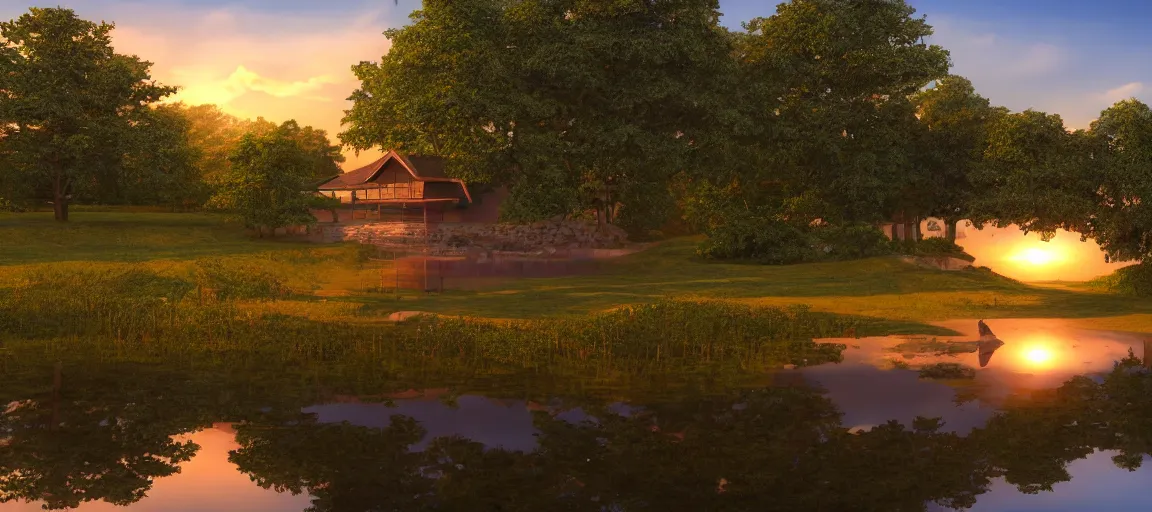 Image similar to a serene landscape with a singular building near a lake at sunset in anime style, 8k, low saturation, high quality, high detail