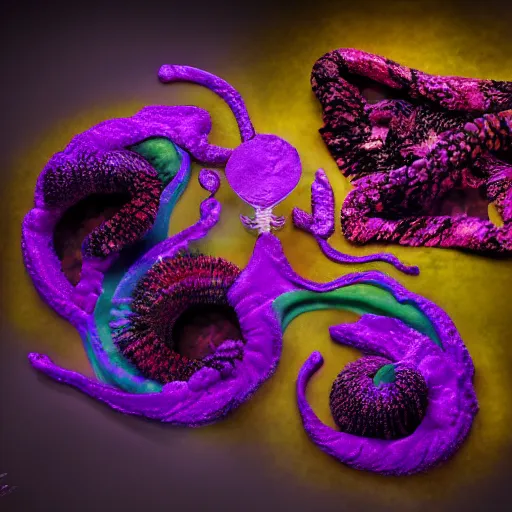 Image similar to Deep imprint flower core, our ouroborous devours it's tail by Rick Baker, black, neon purple, Hyperreal, Photographed in the Style of Annie Leibovitz, Studio Lighting