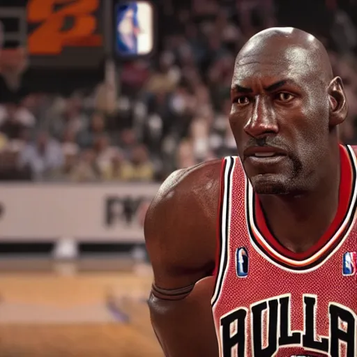 Image similar to close - up screenshot of michael jordan in nba 2 k 2 3, video game for the playstation 4, depth of field, hyperdetailed, 4 k, 8 k