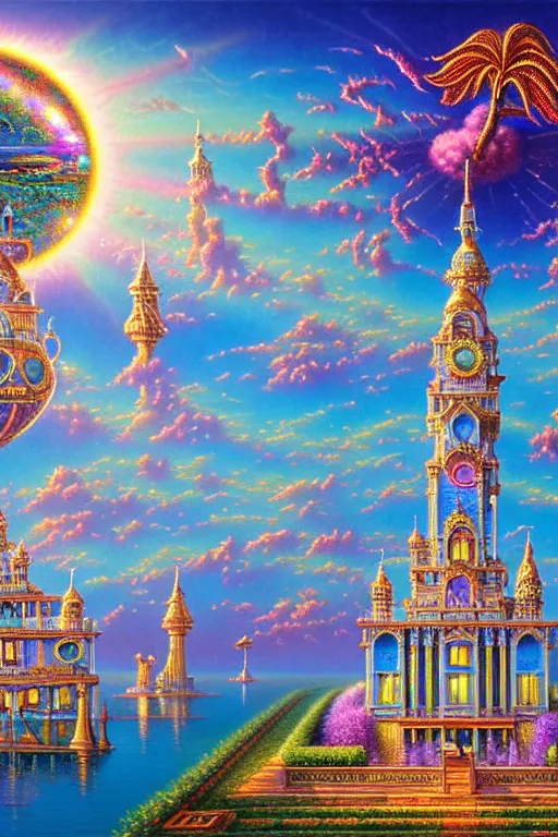 Prompt: a photorealistic detailed cinematic image of a beautiful vibrant iridescent future for human evolution, spiritual science, divinity, utopian, cumulus clouds, ornate aquatic architecture, isometric palace, ornate intricate embellished kingdom. visionary art fantasy jewels and diamonds, by david a. hardy, kinkade, lisa frank, wpa, public works mural, socialist