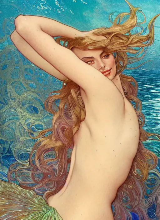 Image similar to Margot Robbie as mermaid swimming underwater, full body shot, cute, fantasy, intricate, elegant, highly detailed, digital painting, 4k, HDR, concept art, smooth, sharp focus, illustration, art by alphonse mucha, artgerm, H R Giger